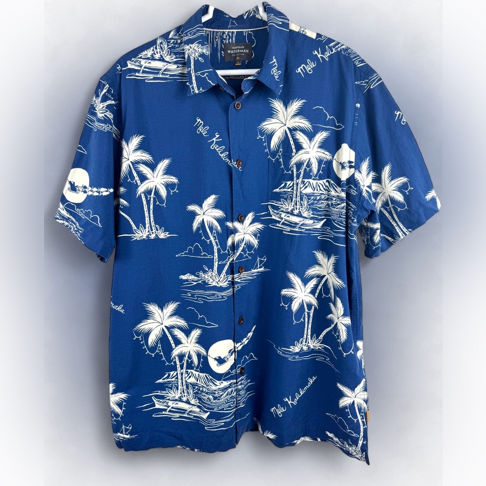 Quiksilver Waterman Mele Kalikimaka Ahi-Tuna Tropical Shirt Blue White Size L